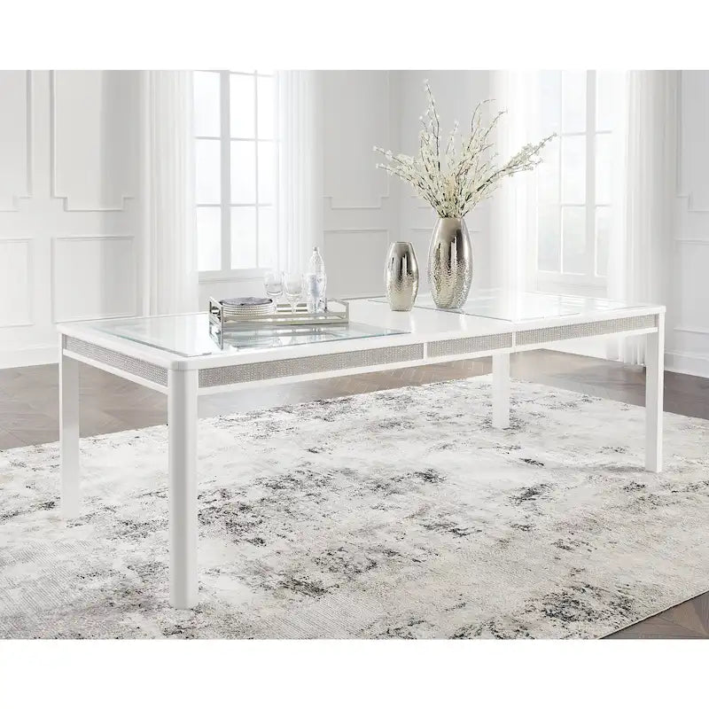 Table à manger rectangulaire extensible blanche/verte pour 10 personnes, 42L x 96P x 30H