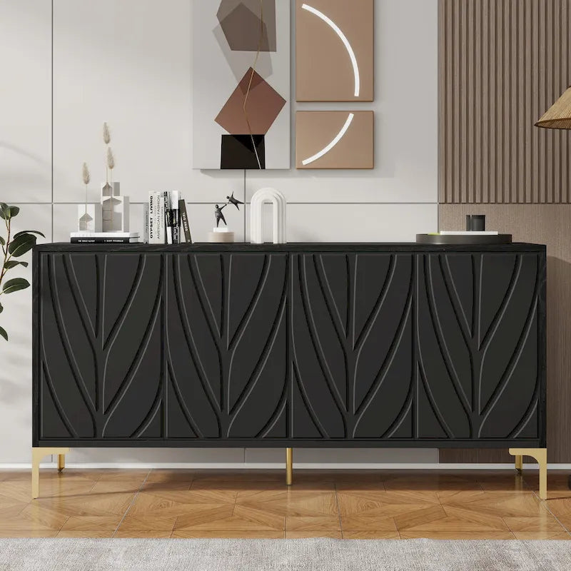 Buffet 4 portes sculpté noir et blanc | Sans poignée, à ouverture par pression | Pour 1 à 2 utilisateurs