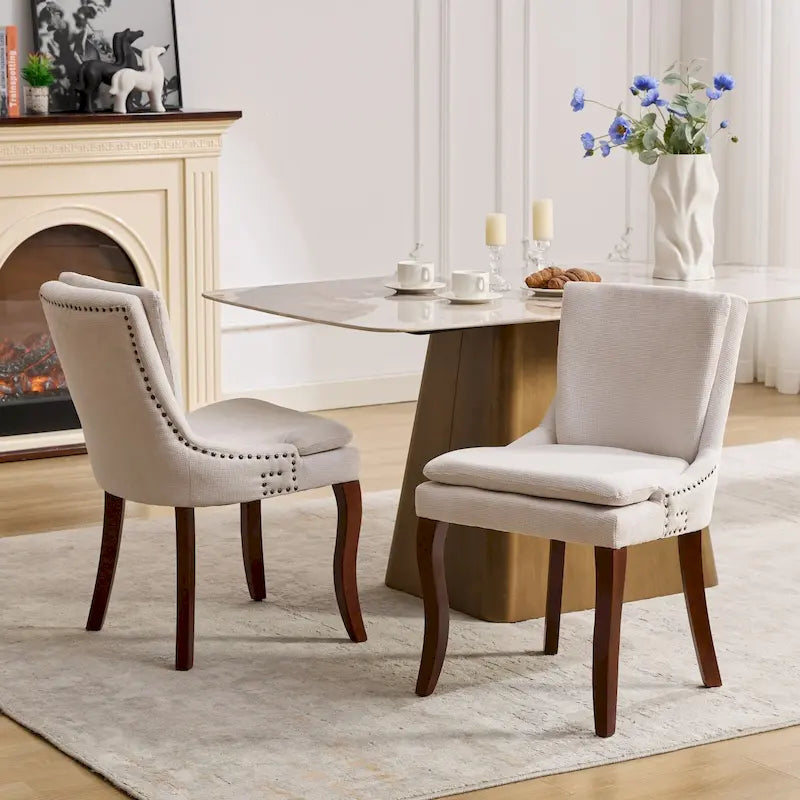 Chaises de salle à manger mi-dossier beiges / grises / bleues avec clous décoratifs, pieds en bois courbé – Lot de 2