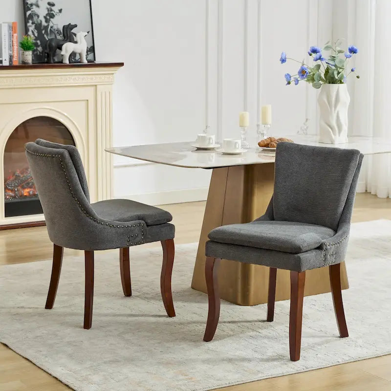 Chaises de salle à manger mi-dossier beiges / grises / bleues avec clous décoratifs, pieds en bois courbé – Lot de 2