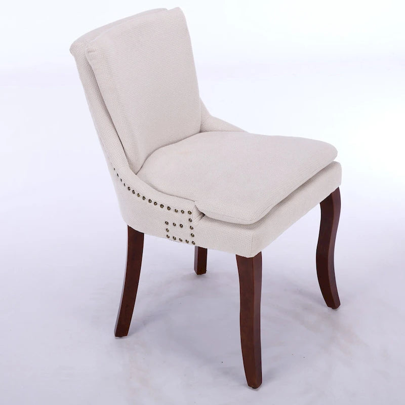 Chaises de salle à manger mi-dossier beiges / grises / bleues avec clous décoratifs, pieds en bois courbé – Lot de 2