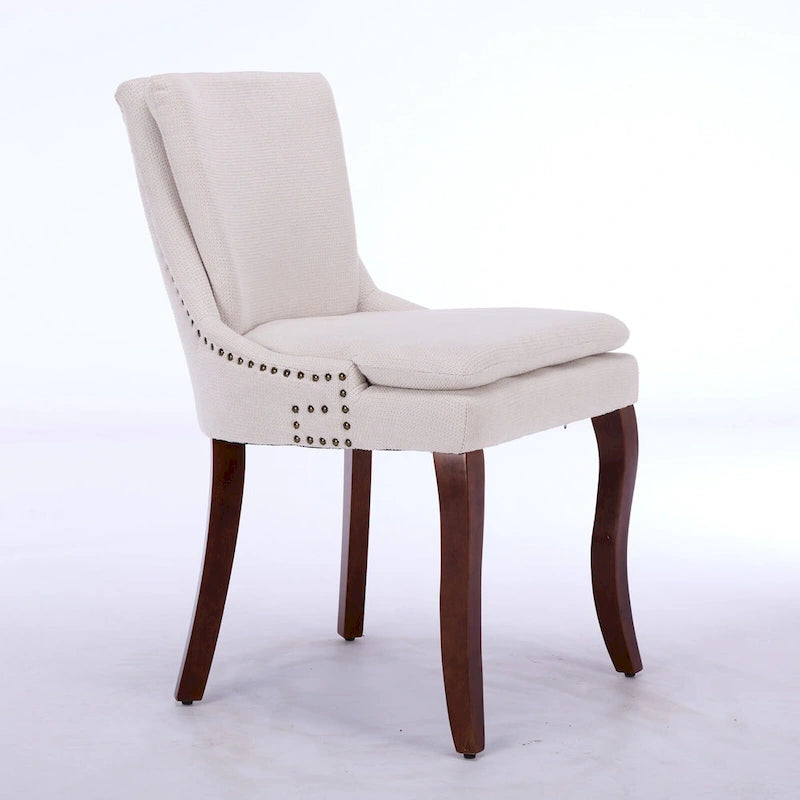 Chaises de salle à manger mi-dossier beiges / grises / bleues avec clous décoratifs, pieds en bois courbé – Lot de 2