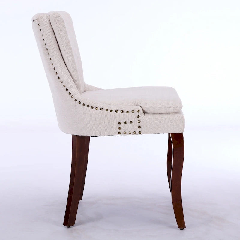 Chaises de salle à manger mi-dossier beiges / grises / bleues avec clous décoratifs, pieds en bois courbé – Lot de 2
