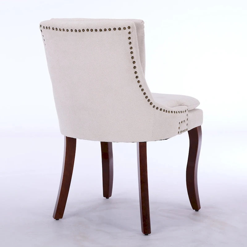 Chaises de salle à manger mi-dossier beiges / grises / bleues avec clous décoratifs, pieds en bois courbé – Lot de 2