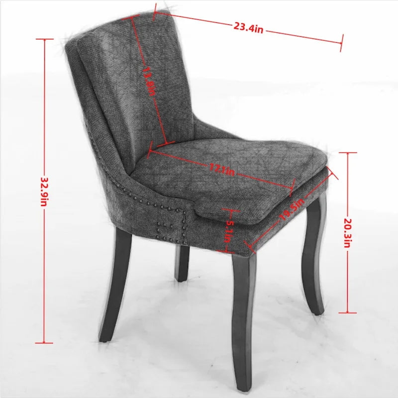 Chaises de salle à manger mi-dossier beiges / grises / bleues avec clous décoratifs, pieds en bois courbé – Lot de 2