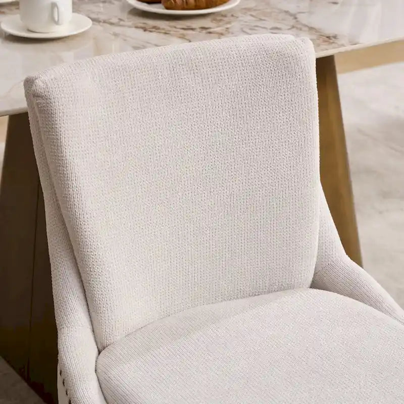 Chaises de salle à manger mi-dossier beiges / grises / bleues avec clous décoratifs, pieds en bois courbé – Lot de 2