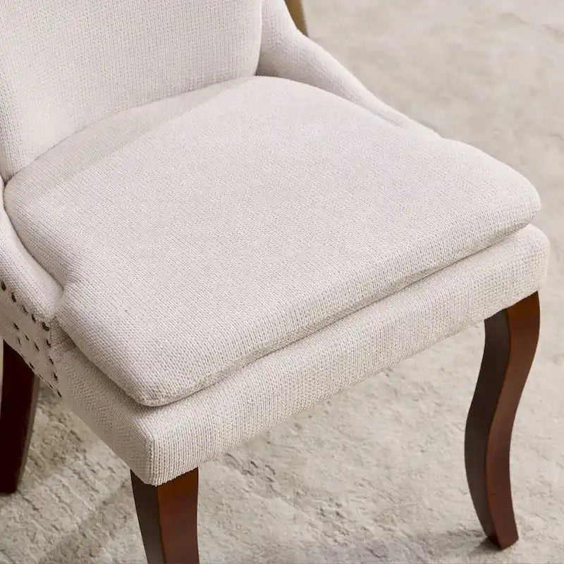 Chaises de salle à manger mi-dossier beiges / grises / bleues avec clous décoratifs, pieds en bois courbé – Lot de 2
