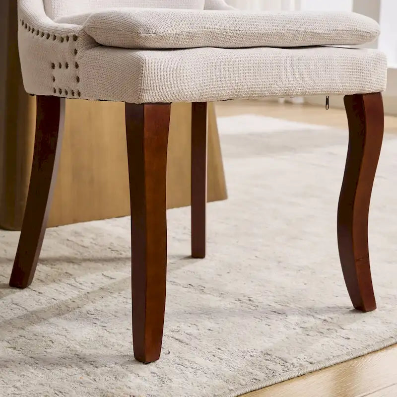 Chaises de salle à manger mi-dossier beiges / grises / bleues avec clous décoratifs, pieds en bois courbé – Lot de 2