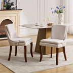 Chaises de salle à manger mi-dossier beiges / grises / bleues avec clous décoratifs, pieds en bois courbé – Lot de 2