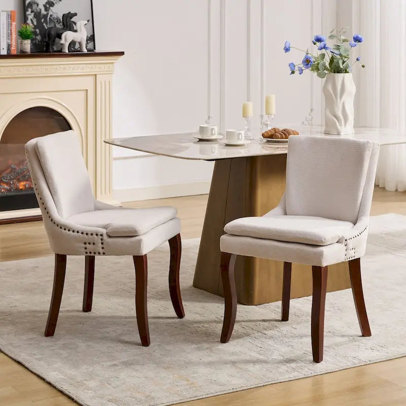 Chaises de salle à manger mi-dossier beiges / grises / bleues avec clous décoratifs, pieds en bois courbé – Lot de 2