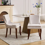 Chaises de salle à manger mi-dossier beiges / grises / bleues avec clous décoratifs, pieds en bois courbé – Lot de 2