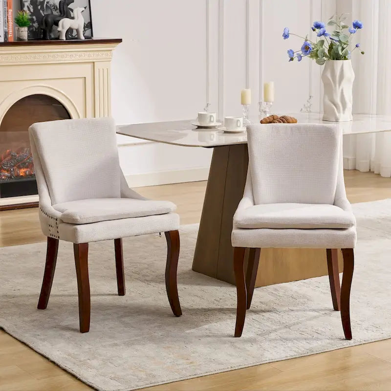 Chaises de salle à manger mi-dossier beiges / grises / bleues avec clous décoratifs, pieds en bois courbé – Lot de 2
