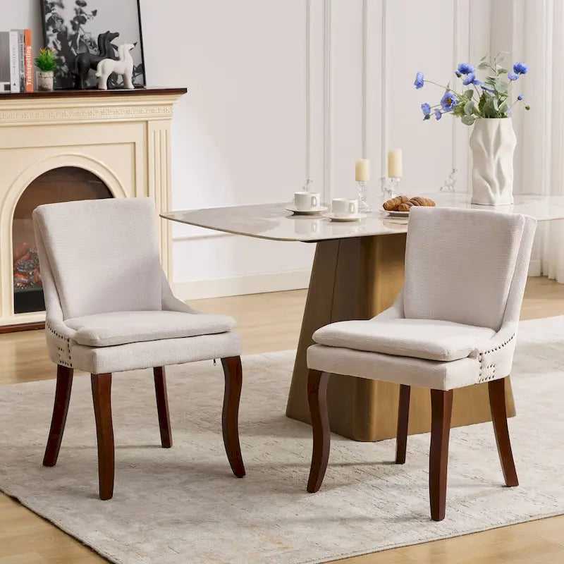 Chaises de salle à manger mi-dossier beiges / grises / bleues avec clous décoratifs, pieds en bois courbé – Lot de 2