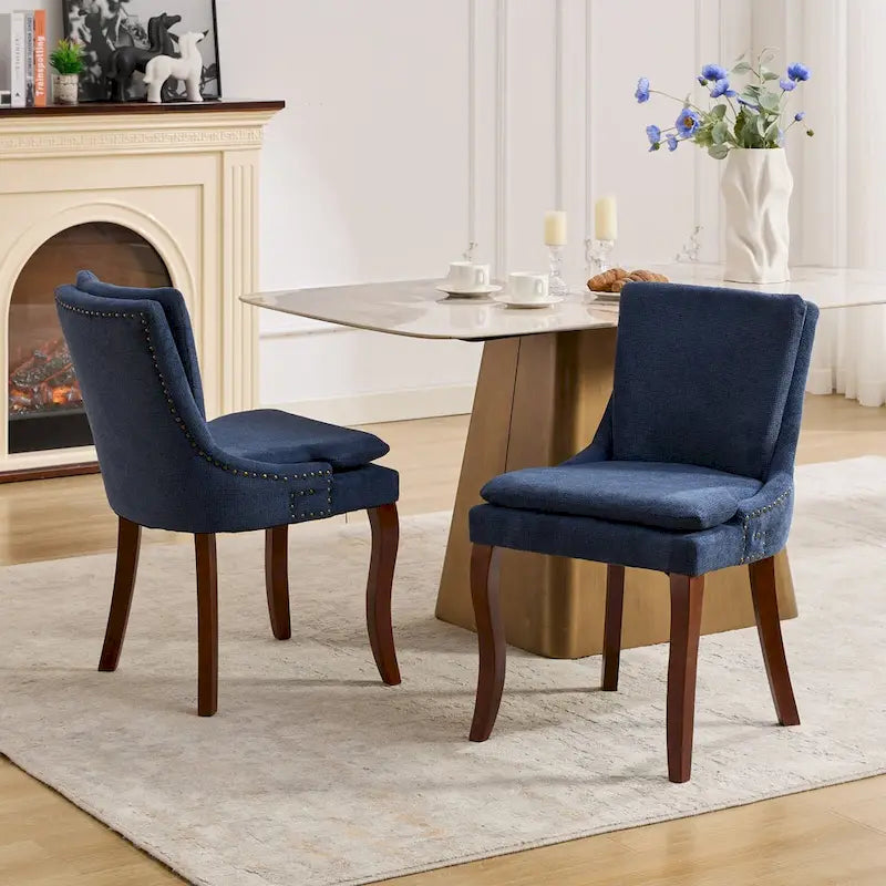 Chaises de salle à manger mi-dossier beiges / grises / bleues avec clous décoratifs, pieds en bois courbé – Lot de 2