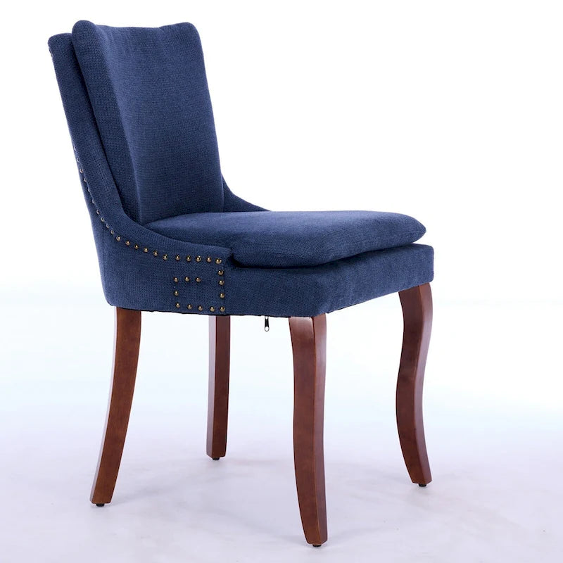 Chaises de salle à manger mi-dossier beiges / grises / bleues avec clous décoratifs, pieds en bois courbé – Lot de 2
