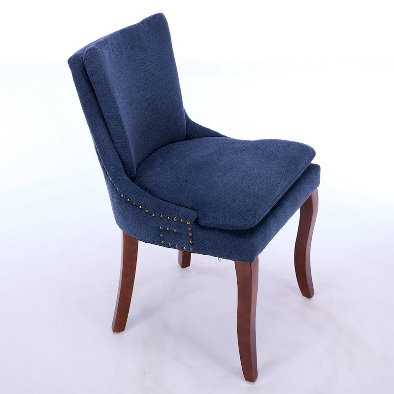 Chaises de salle à manger mi-dossier beiges / grises / bleues avec clous décoratifs, pieds en bois courbé – Lot de 2