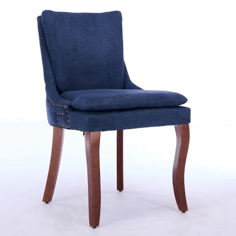 Chaises de salle à manger mi-dossier beiges / grises / bleues avec clous décoratifs, pieds en bois courbé – Lot de 2