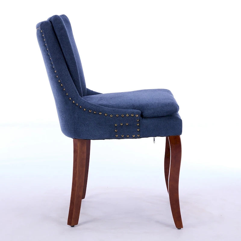 Chaises de salle à manger mi-dossier beiges / grises / bleues avec clous décoratifs, pieds en bois courbé – Lot de 2