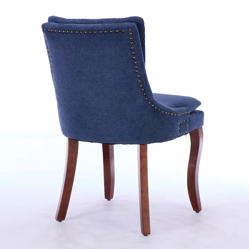 Chaises de salle à manger mi-dossier beiges / grises / bleues avec clous décoratifs, pieds en bois courbé – Lot de 2