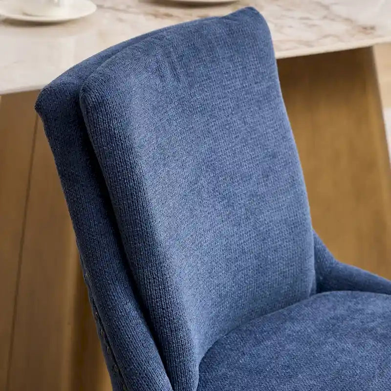 Chaises de salle à manger mi-dossier beiges / grises / bleues avec clous décoratifs, pieds en bois courbé – Lot de 2