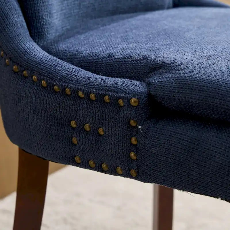 Chaises de salle à manger mi-dossier beiges / grises / bleues avec clous décoratifs, pieds en bois courbé – Lot de 2