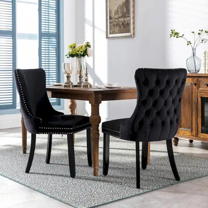 Chaise de salle à manger en velours à dossier haut avec clous décoratifs, lot de 2 – Or / Noir / Beige / Gris