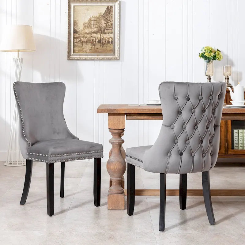 Chaise de salle à manger en velours à dossier haut avec clous décoratifs, lot de 2 – Or / Noir / Beige / Gris