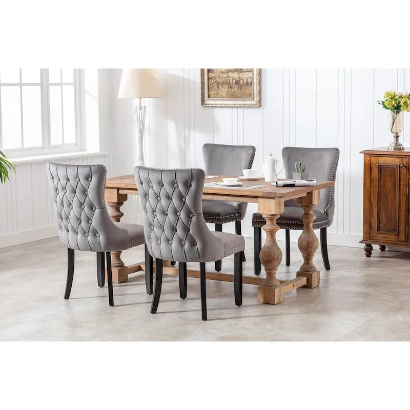 Chaise de salle à manger en velours à dossier haut avec clous décoratifs, lot de 2 – Or / Noir / Beige / Gris