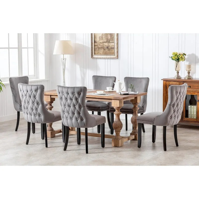 Chaise de salle à manger en velours à dossier haut avec clous décoratifs, lot de 2 – Or / Noir / Beige / Gris