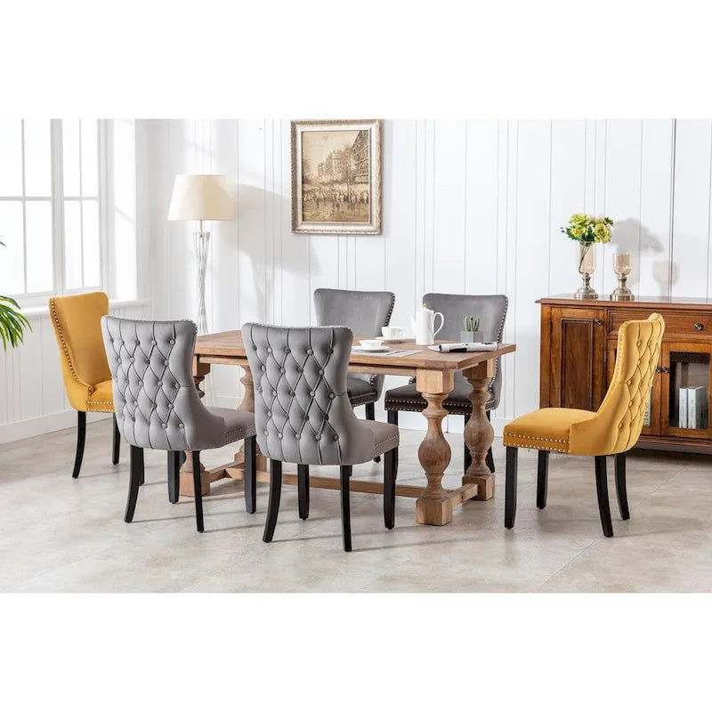 Chaise de salle à manger en velours à dossier haut avec clous décoratifs, lot de 2 – Or / Noir / Beige / Gris