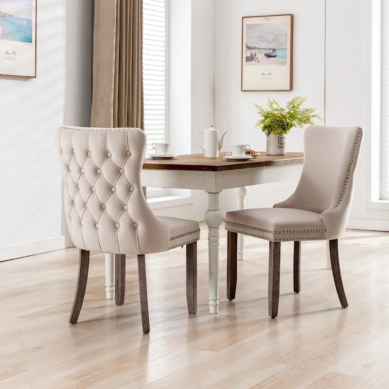 Chaise de salle à manger en velours à dossier haut avec clous décoratifs, lot de 2 – Or / Noir / Beige / Gris