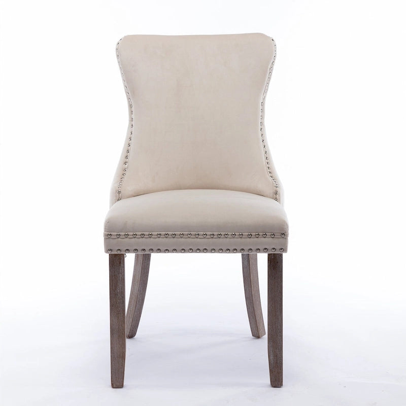 Chaise de salle à manger en velours à dossier haut avec clous décoratifs, lot de 2 – Or / Noir / Beige / Gris