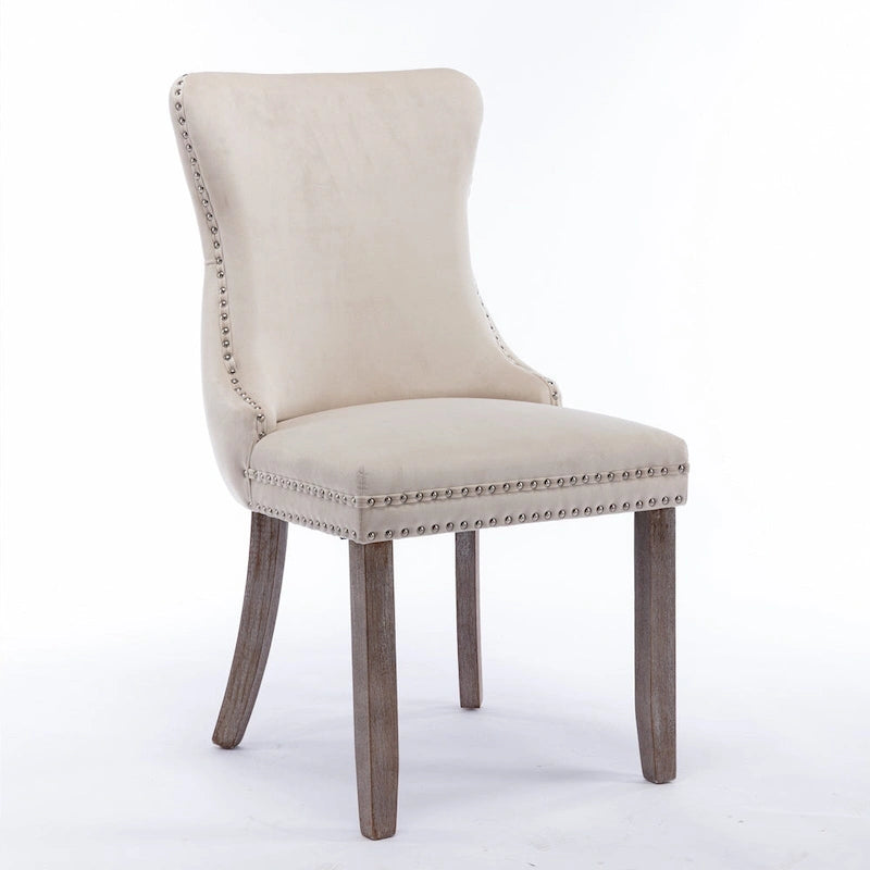 Chaise de salle à manger en velours à dossier haut avec clous décoratifs, lot de 2 – Or / Noir / Beige / Gris