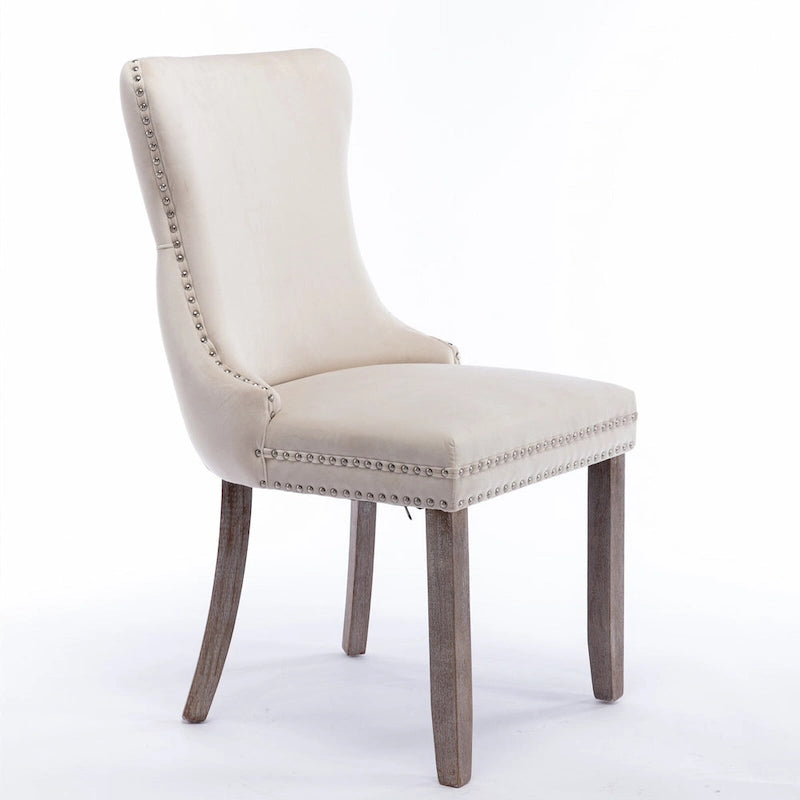 Chaise de salle à manger en velours à dossier haut avec clous décoratifs, lot de 2 – Or / Noir / Beige / Gris