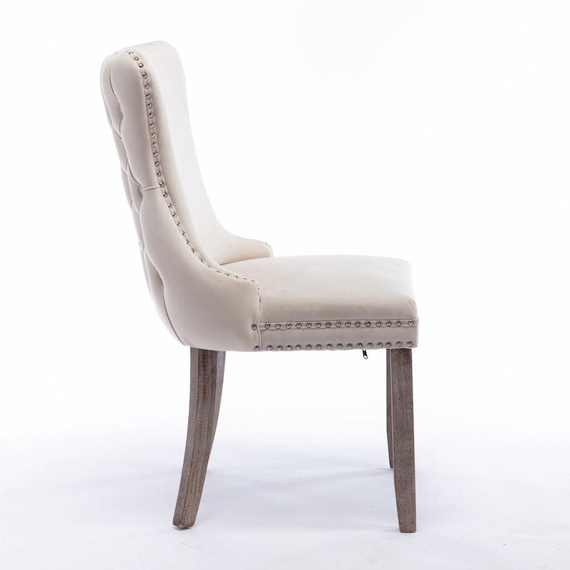 Chaise de salle à manger en velours à dossier haut avec clous décoratifs, lot de 2 – Or / Noir / Beige / Gris