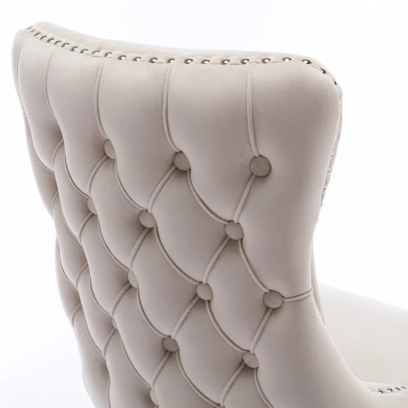 Chaise de salle à manger en velours à dossier haut avec clous décoratifs, lot de 2 – Or / Noir / Beige / Gris