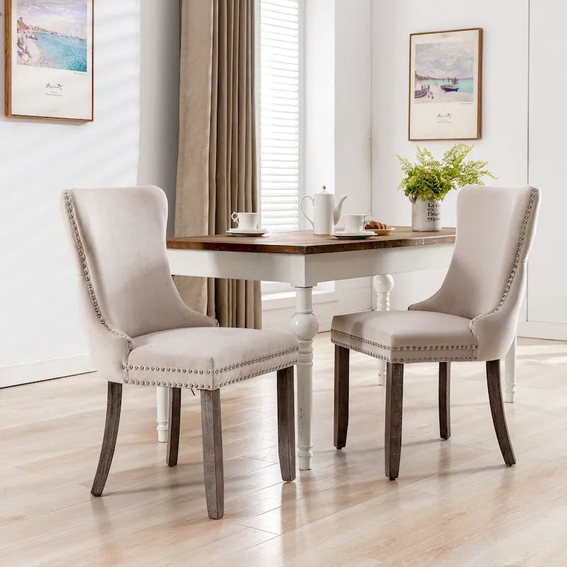 Chaise de salle à manger en velours à dossier haut avec clous décoratifs, lot de 2 – Or / Noir / Beige / Gris