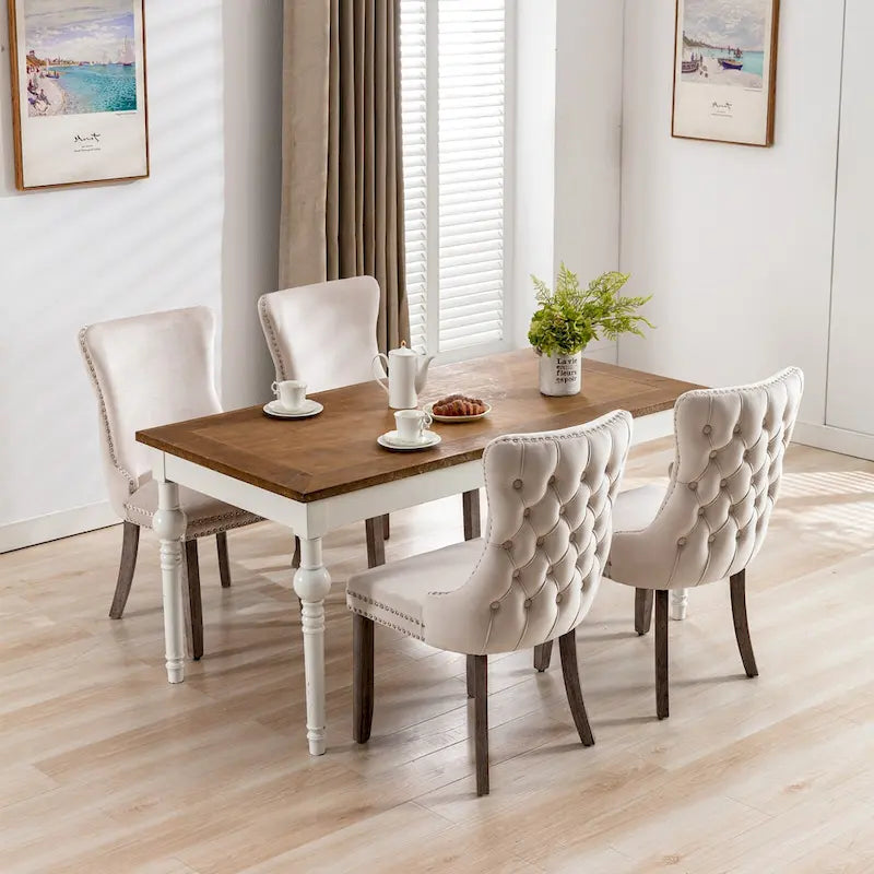Chaise de salle à manger en velours à dossier haut avec clous décoratifs, lot de 2 – Or / Noir / Beige / Gris