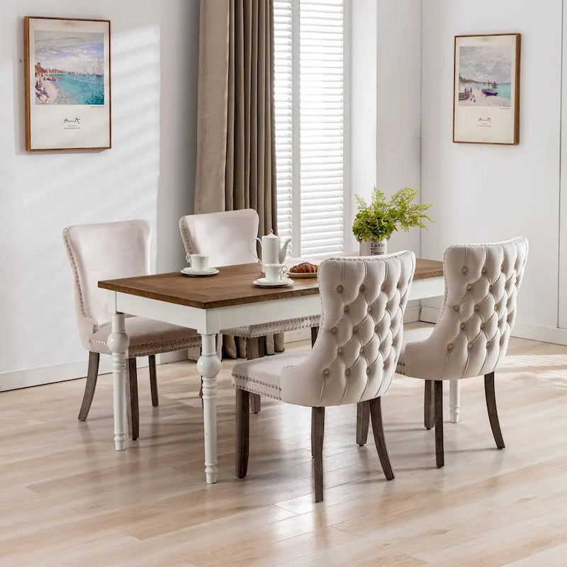 Chaise de salle à manger en velours à dossier haut avec clous décoratifs, lot de 2 – Or / Noir / Beige / Gris