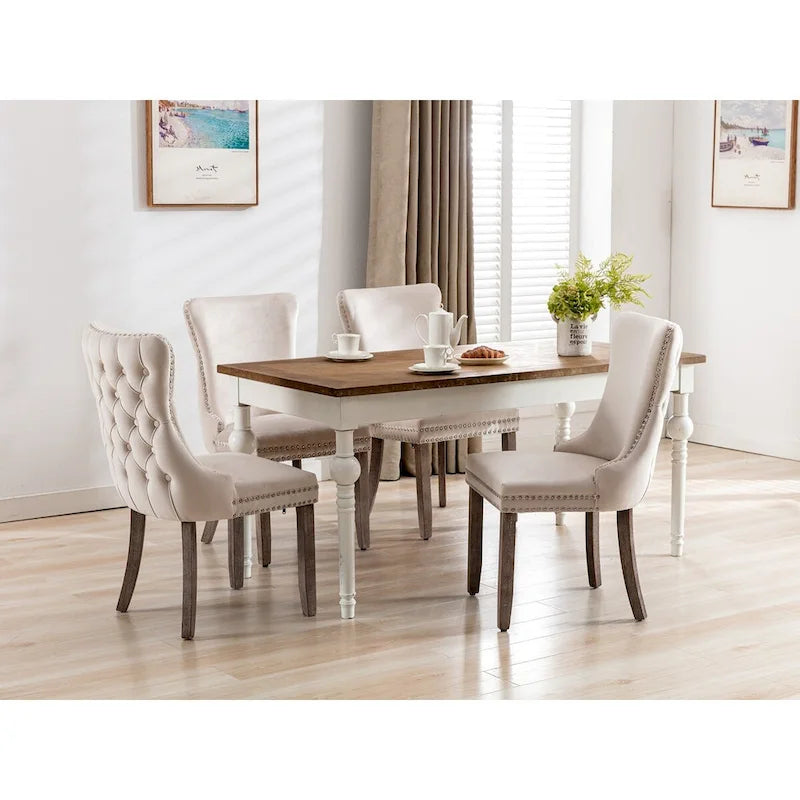 Chaise de salle à manger en velours à dossier haut avec clous décoratifs, lot de 2 – Or / Noir / Beige / Gris