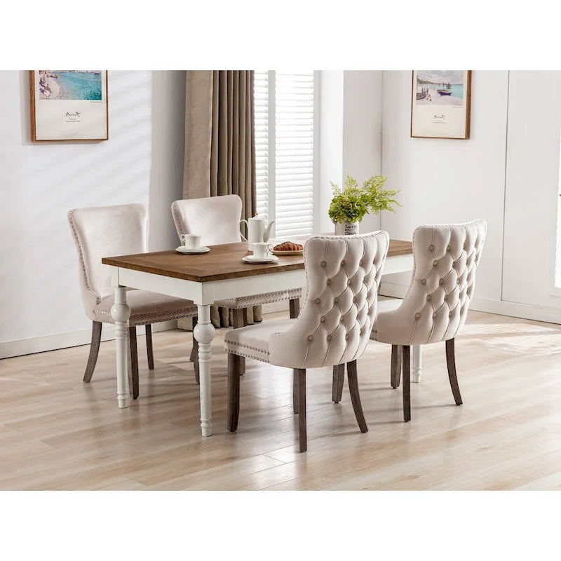 Chaise de salle à manger en velours à dossier haut avec clous décoratifs, lot de 2 – Or / Noir / Beige / Gris