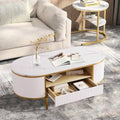Table basse ovale blanche avec tiroirs – Panneau cannelé, plateau en faux marbre, 2-4 places