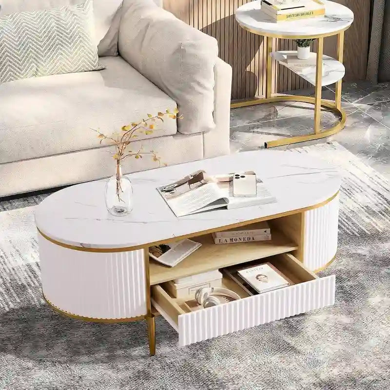 Table basse ovale blanche avec tiroirs – Panneau cannelé, plateau en faux marbre, 2-4 places