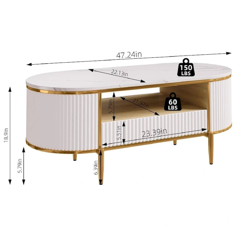 Table basse ovale blanche avec tiroirs – Panneau cannelé, plateau en faux marbre, 2-4 places