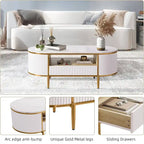 Table basse ovale blanche avec tiroirs – Panneau cannelé, plateau en faux marbre, 2-4 places