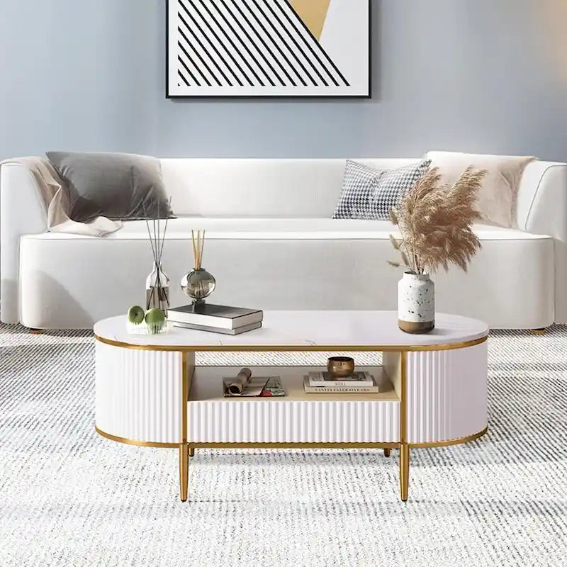 Table basse ovale blanche avec tiroirs – Panneau cannelé, plateau en faux marbre, 2-4 places