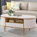 Table basse ovale blanche avec tiroirs – Panneau cannelé, plateau en faux marbre, 2-4 places