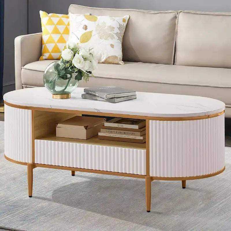 Table basse ovale blanche avec tiroirs – Panneau cannelé, plateau en faux marbre, 2-4 places