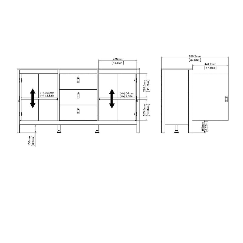 Buffet 2 portes et 3 tiroirs noir mat / blanc / Jackson Hickory – Style scandinave, assemblage par 2 personnes