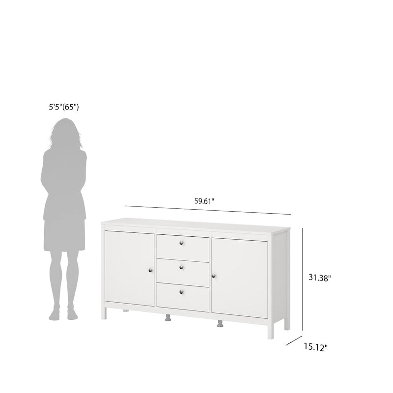 Buffet 2 portes et 3 tiroirs noir mat / blanc / Jackson Hickory – Style scandinave, assemblage par 2 personnes